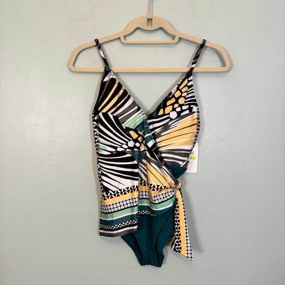 Becca Handkerchief Surplice Padded Tie Waist Wrap One-Piece Swimsuit Green M NWT - Picture 2 of 14